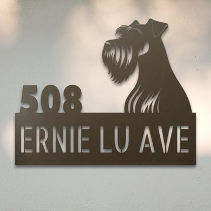 Miniature Schnauzer Personalized Metal House Number Sign Silhouette in Stone - Custom Dog Wall Art
