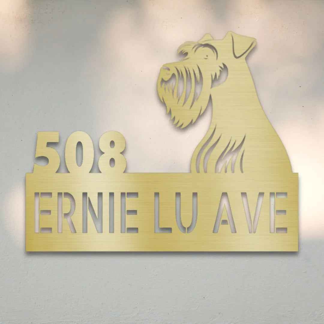 Miniature Schnauzer Personalized Metal House Number Sign Silhouette in Gold - Custom Dog Wall Art