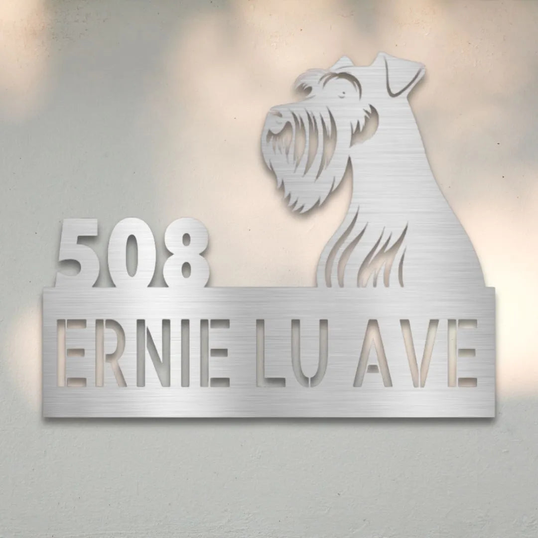 Miniature Schnauzer Personalized Metal House Number Sign Silhouette in Silver - Custom Dog Wall Art