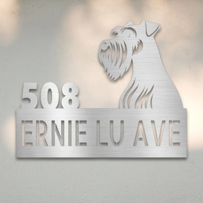 Miniature Schnauzer Personalized Metal House Number Sign Silhouette in Silver - Custom Dog Wall Art