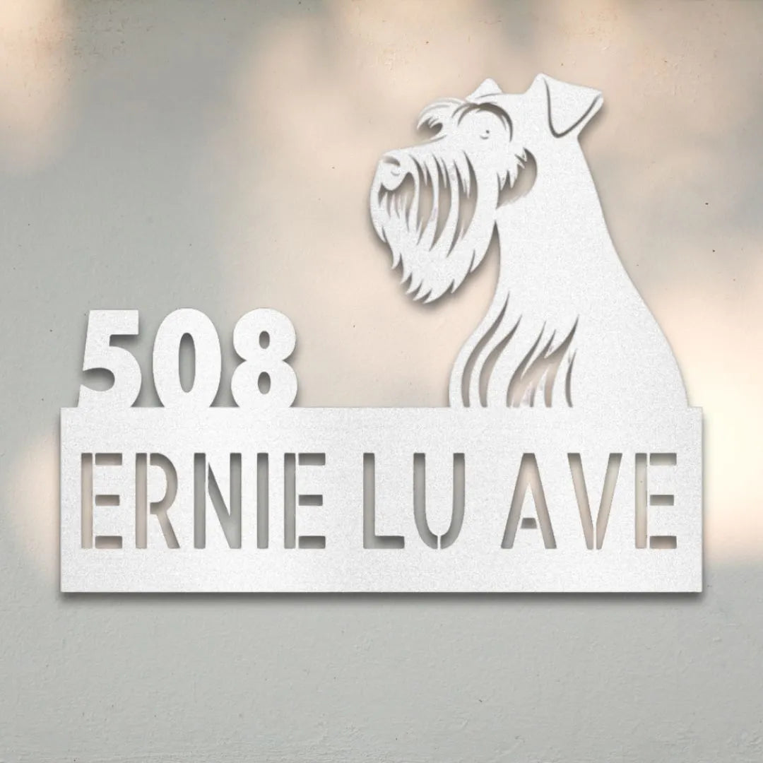Miniature Schnauzer Personalized Metal House Number Sign Silhouette in White - Custom Dog Wall Art