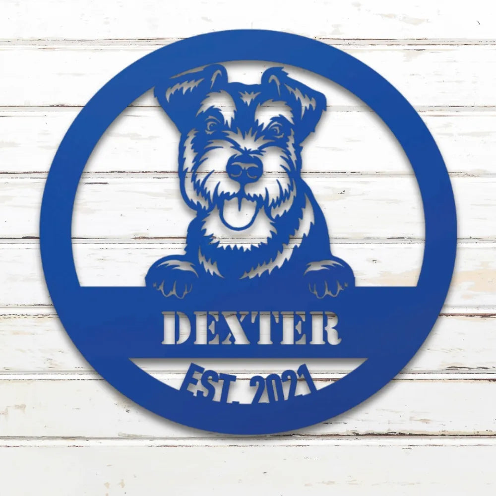 Miniature Schnauzer Personalized Metal Sign - Custom Dog Wall Art Silhouette in Blue - Custom Dog Wall Art