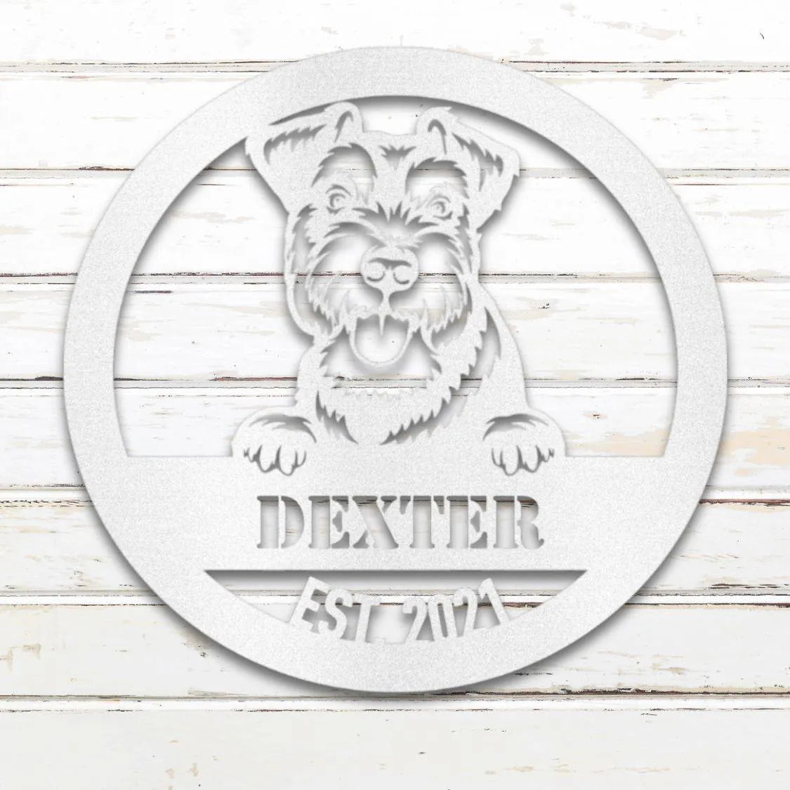 Miniature Schnauzer Personalized Metal Sign - Custom Dog Wall Art Silhouette in White - Custom Dog Wall Art