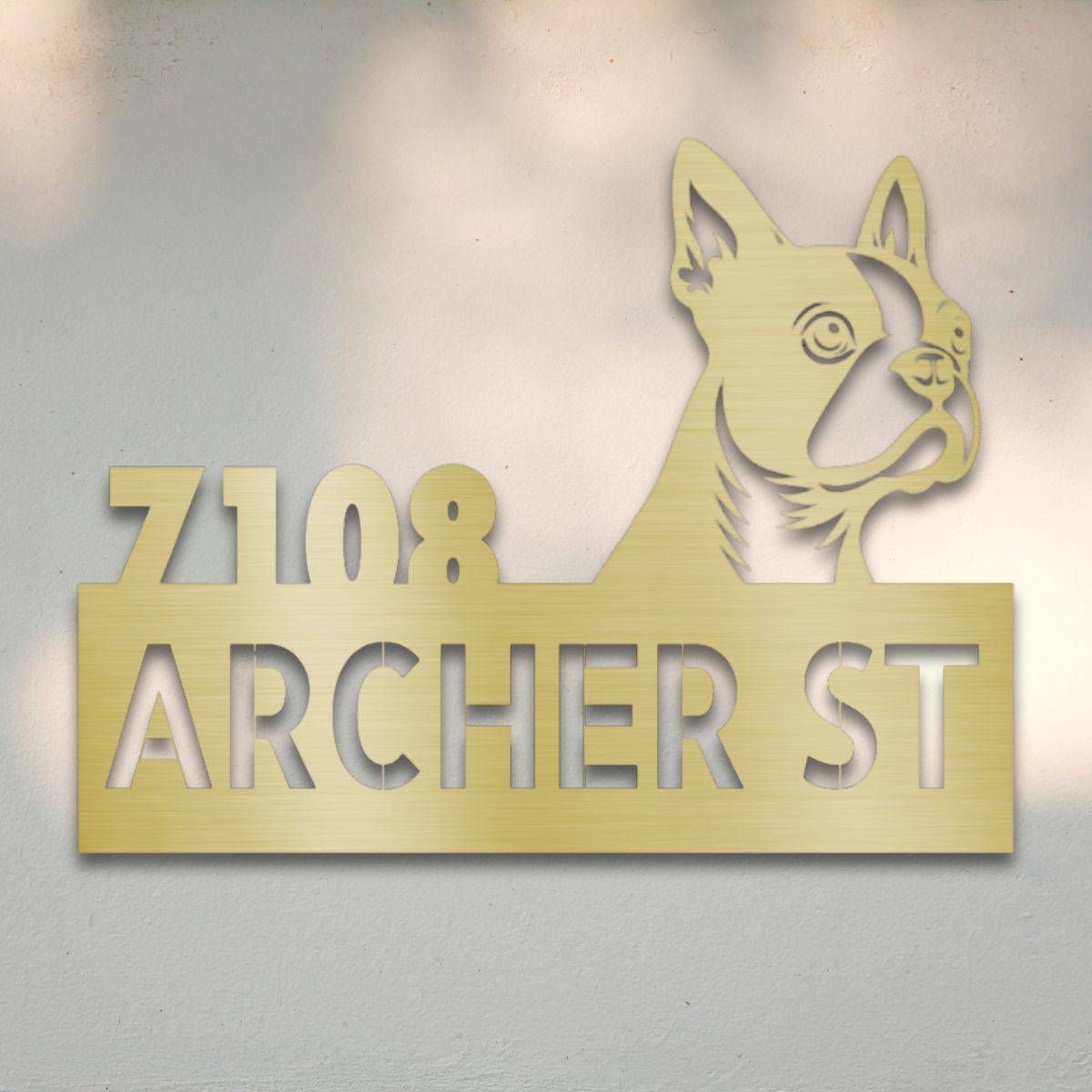 Personalized Boston Terrier Address Sign Gold | Barkhaus Metal Company