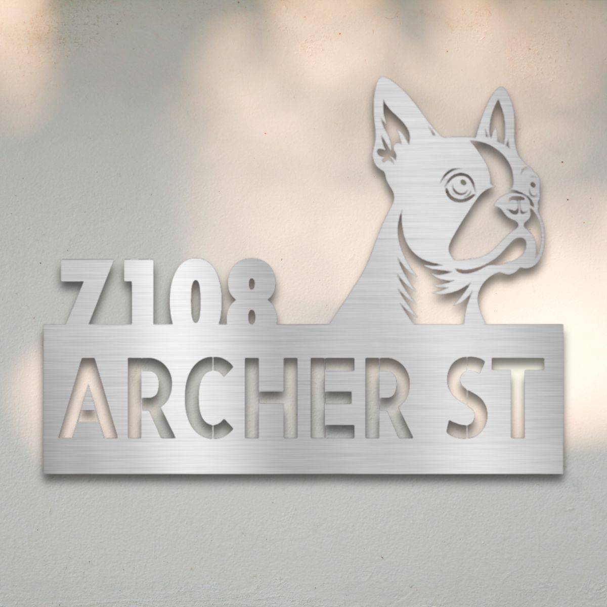 Personalized Boston Terrier Address Sign Silver | Barkhaus Metal Company