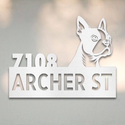 Personalized Boston Terrier Address Sign White | Barkhaus Metal Company