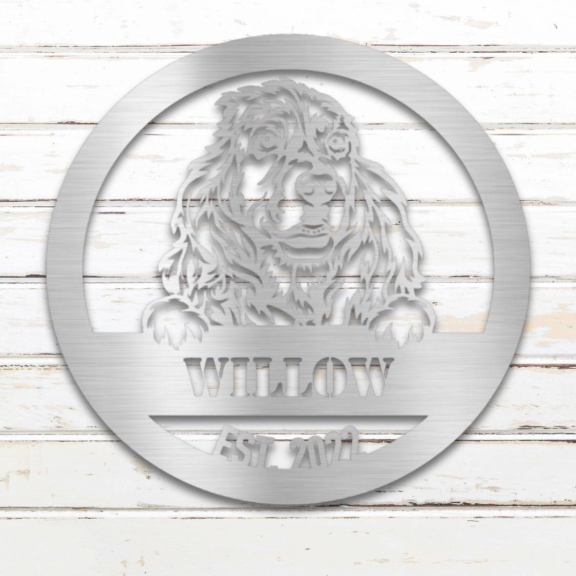 Personalized Cocker Spaniel Metal Wall Art – Custom Dog Name Sign Silver | Barkhaus Metal Company