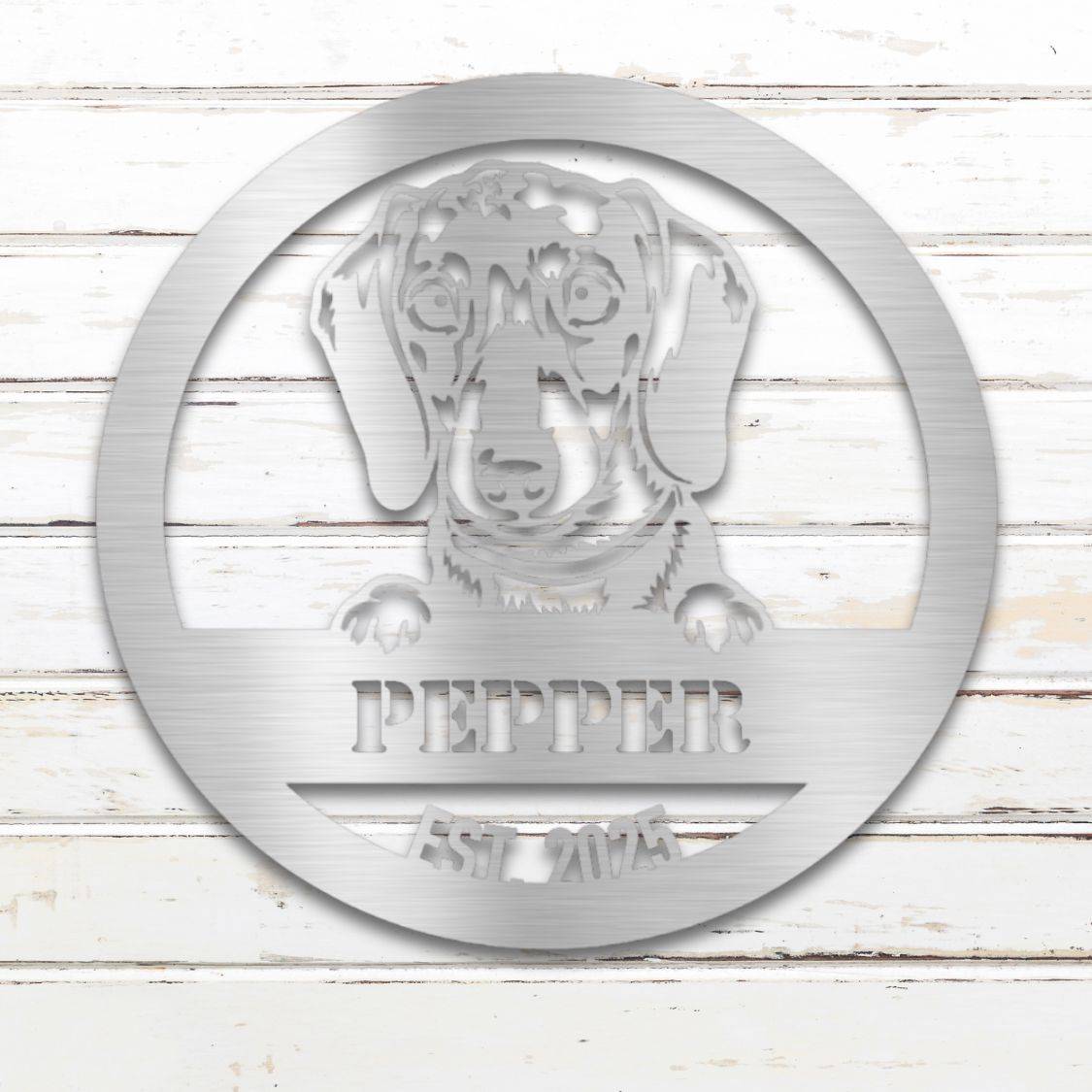 Personalized Dachshund Metal Wall Art – Custom Dog Name Sign Silver | Barkhaus Metal Company