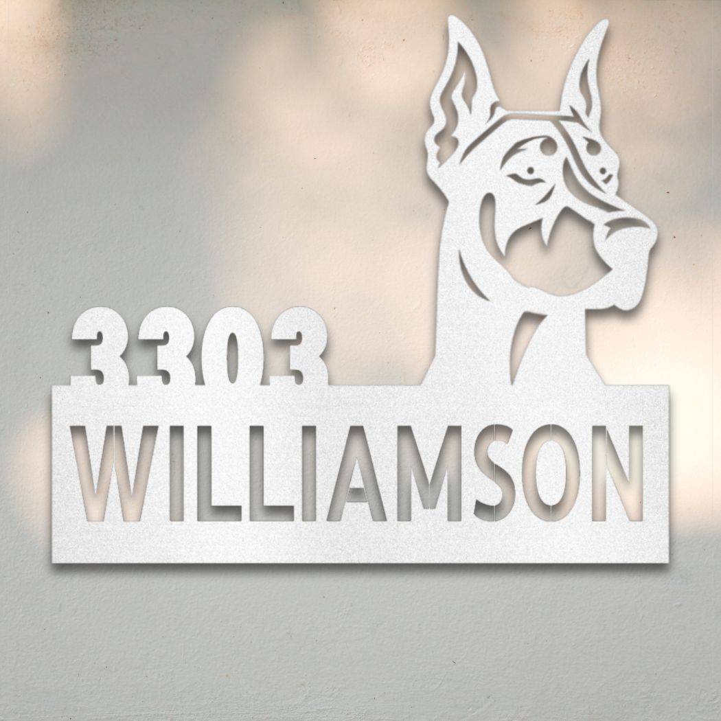 Personalized Doberman Address Sign White | Barkhaus Metal Company