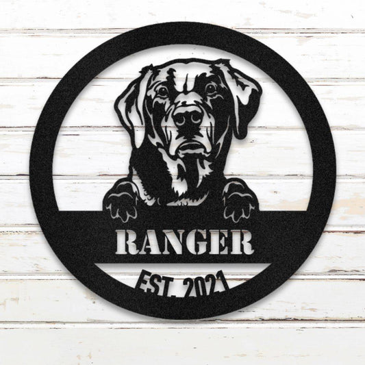 Black Labrador Retriever personalized metal wall art with custom name and year; handcrafted from rustproof, weatherproof American steel | Barkhaus Metal Co.