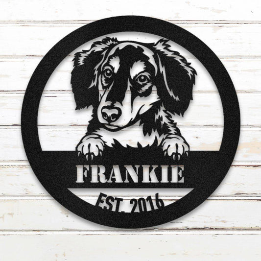 Personalized Long-Haired Dachshund Metal Wall Art – Custom Dog Name Sign Black | Barkhaus Metal Company