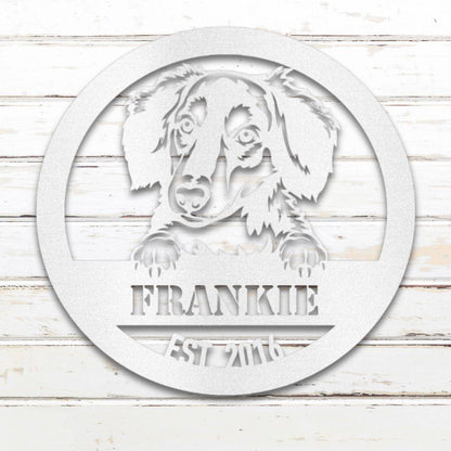 Personalized Long-Haired Dachshund Metal Wall Art – Custom Dog Name Sign White | Barkhaus Metal Company