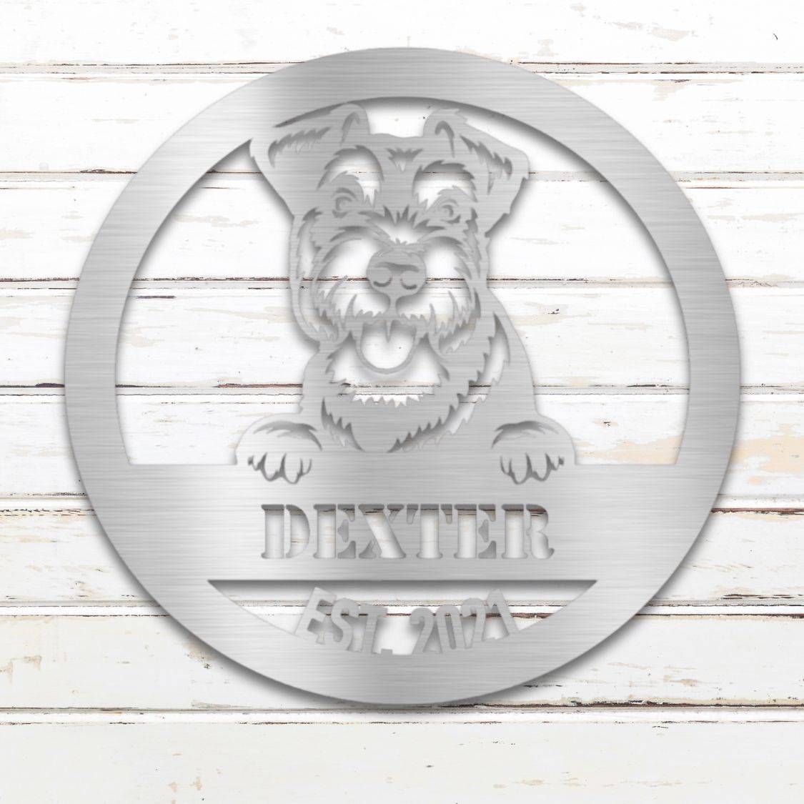 Personalized Miniature Schnauzer Metal Wall Art – Custom Dog Name Sign Silver | Barkhaus Metal Company