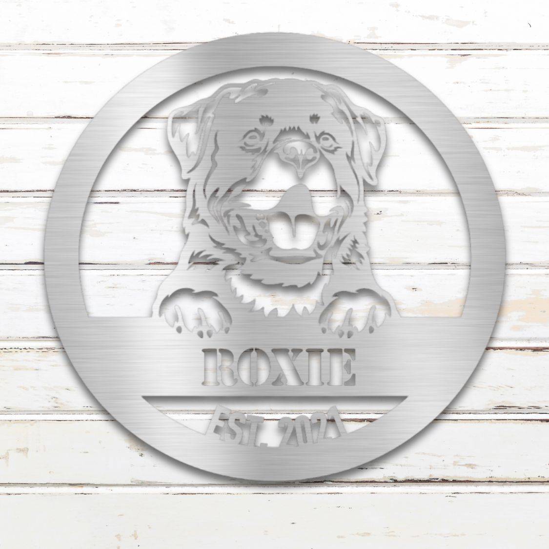 Personalized Rottweiler Metal Wall Art – Custom Dog Name Sign Silver | Barkhaus Metal Company