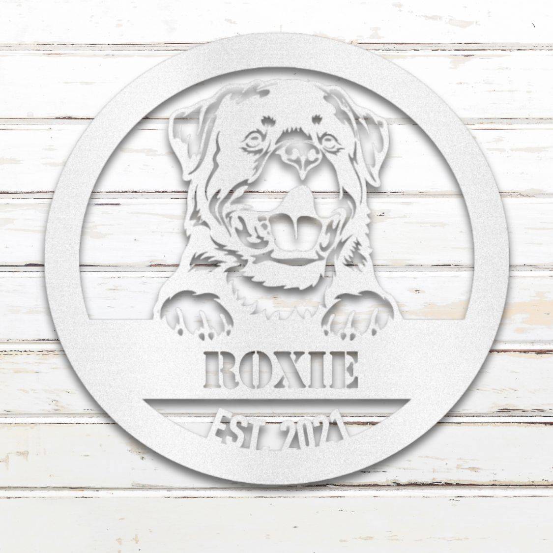 Personalized Rottweiler Metal Wall Art – Custom Dog Name Sign White | Barkhaus Metal Company