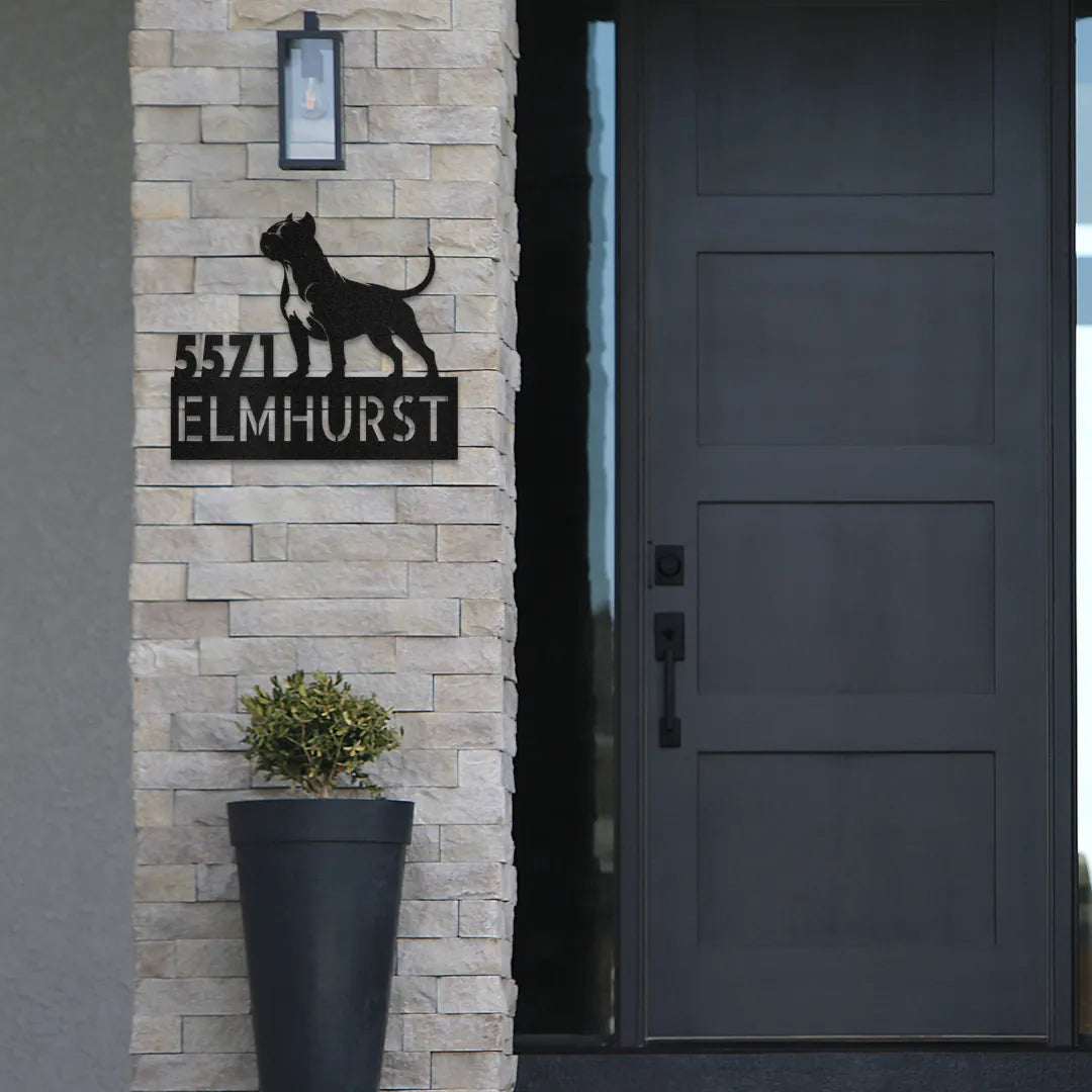 Pit Bull Terrier Personalized Metal House Number Sign Silhouette in - Custom Dog Wall Art