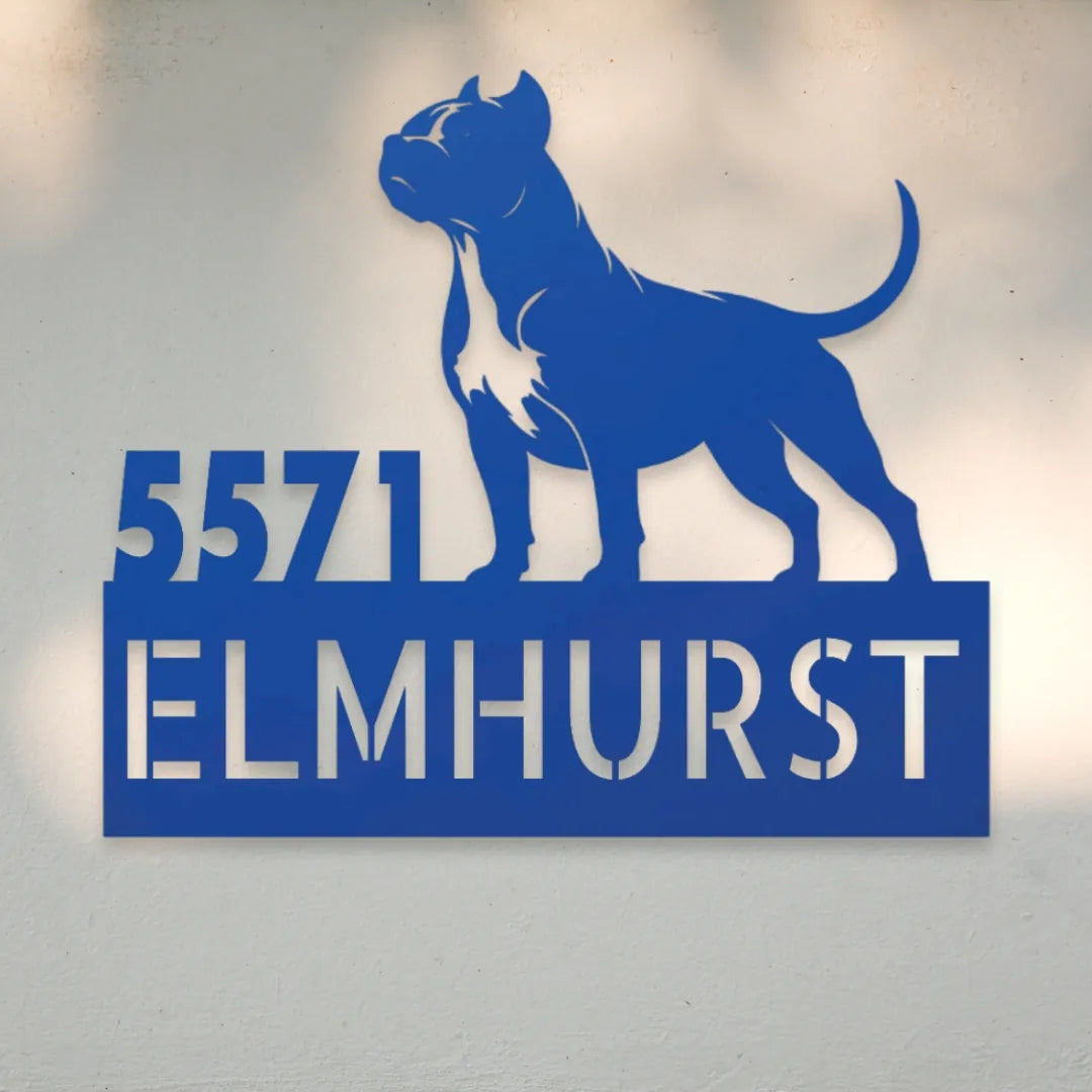 Pit Bull Terrier Personalized Metal House Number Sign Silhouette in Blue - Custom Dog Wall Art