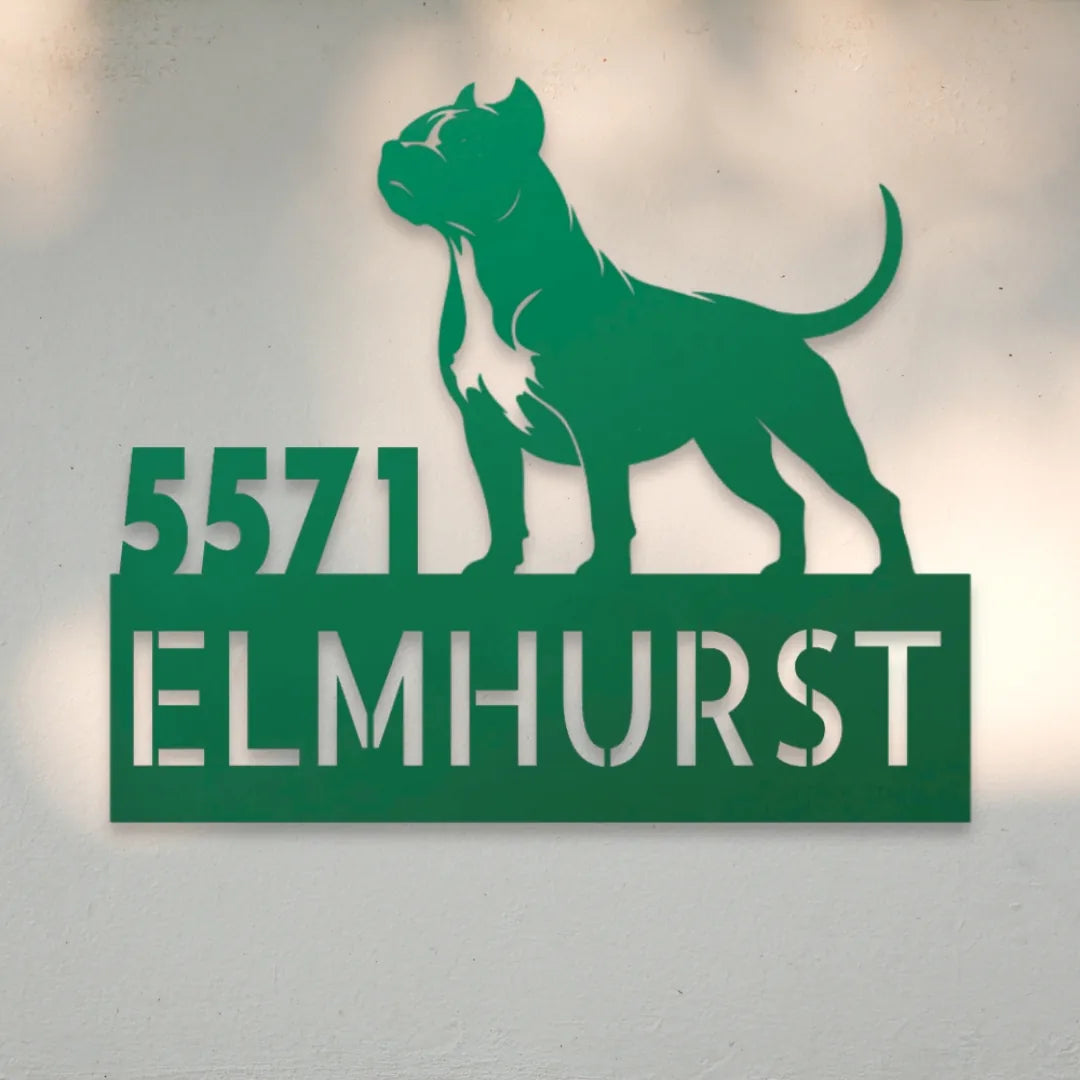 Pit Bull Terrier Personalized Metal House Number Sign Silhouette in Green - Custom Dog Wall Art