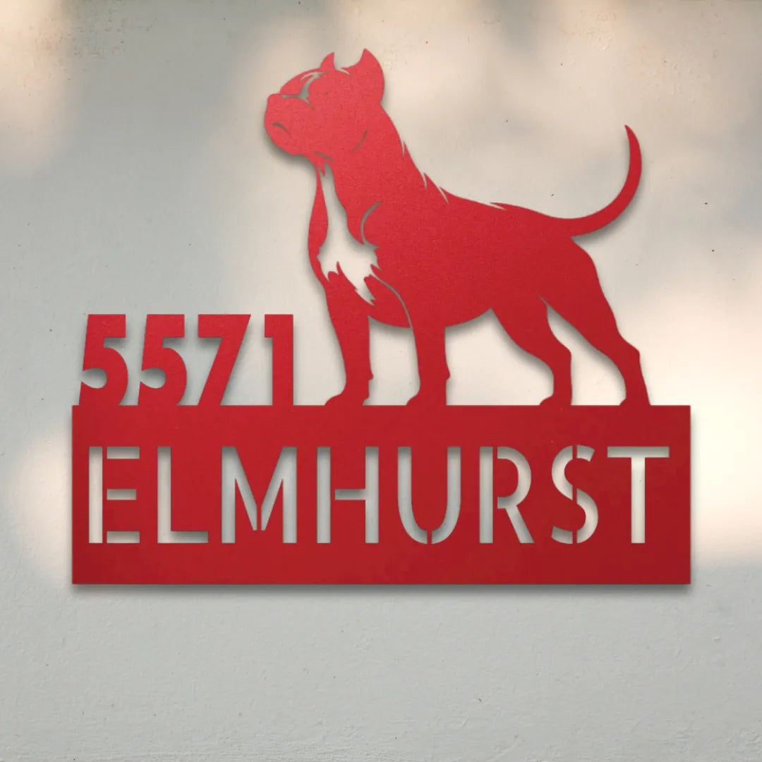 Pit Bull Terrier Personalized Metal House Number Sign Silhouette in Red - Custom Dog Wall Art