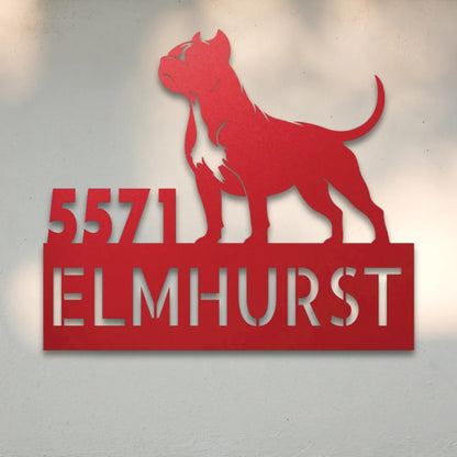 Pit Bull Terrier Personalized Metal House Number Sign Silhouette in Red - Custom Dog Wall Art