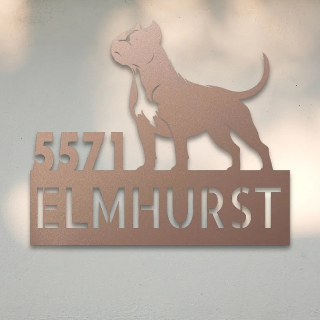 Pit Bull Terrier Personalized Metal House Number Sign Silhouette in Rose - Custom Dog Wall Art