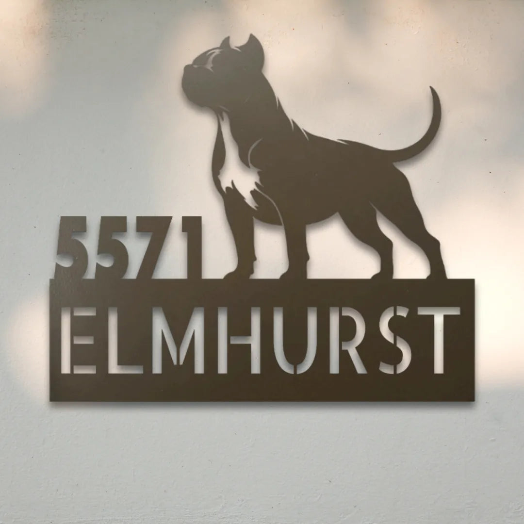 Pit Bull Terrier Personalized Metal House Number Sign Silhouette in Stone - Custom Dog Wall Art