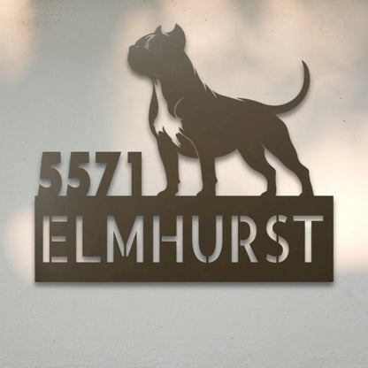 Pit Bull Terrier Personalized Metal House Number Sign Silhouette in Stone - Custom Dog Wall Art