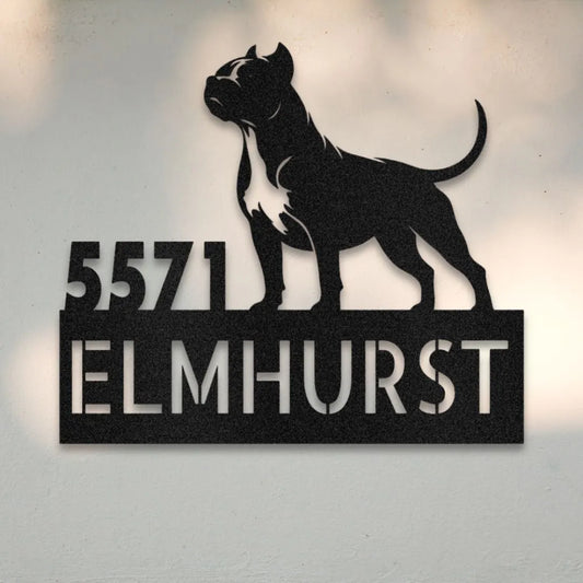 Pit Bull Terrier Personalized Metal House Number Sign Silhouette in Black - Custom Dog Wall Art