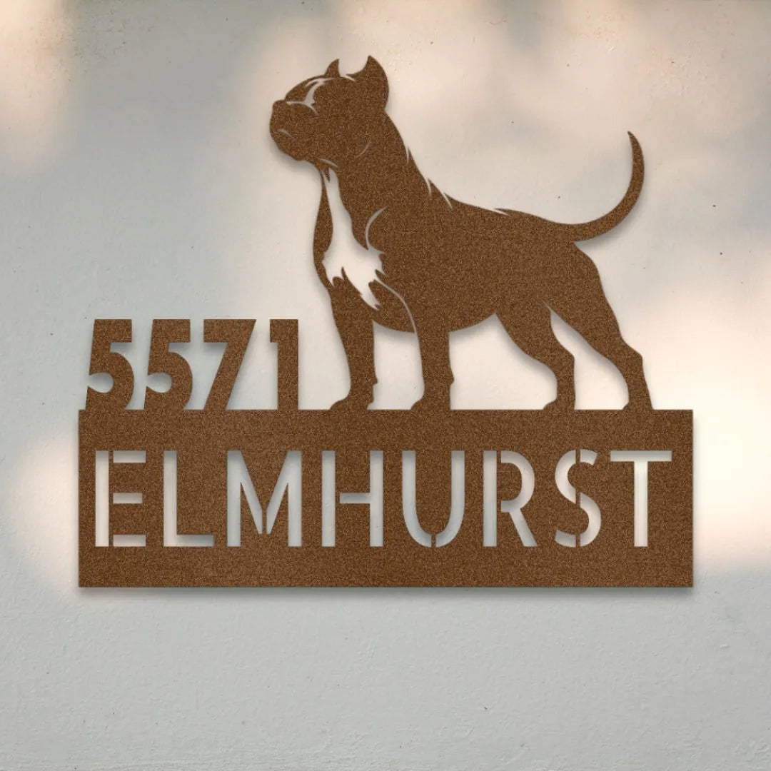 Pit Bull Terrier Personalized Metal House Number Sign Silhouette in Copper - Custom Dog Wall Art
