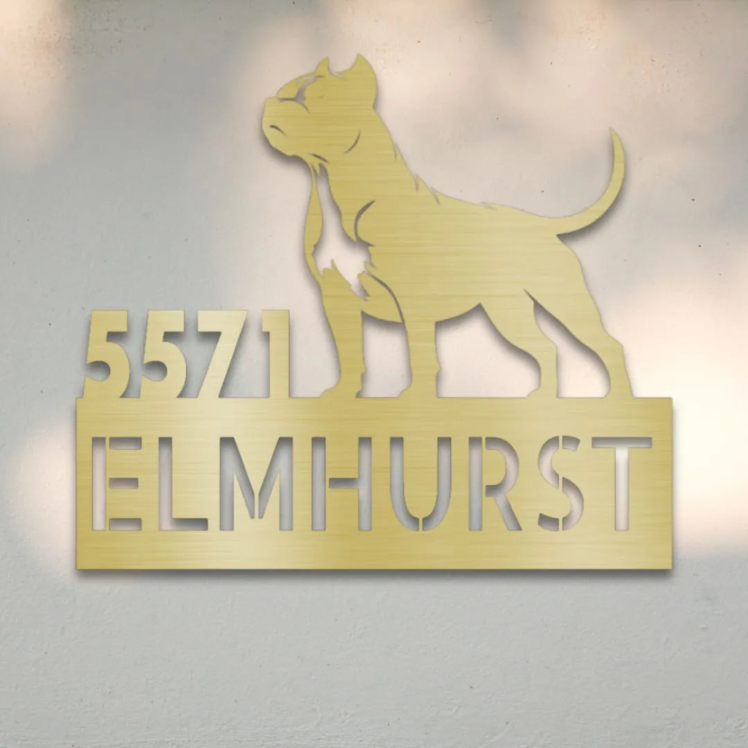 Pit Bull Terrier Personalized Metal House Number Sign Silhouette in Gold - Custom Dog Wall Art