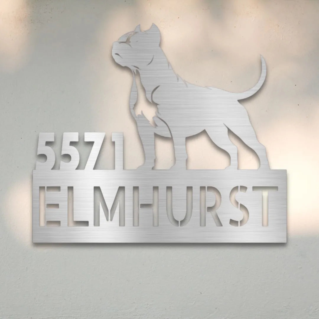 Pit Bull Terrier Personalized Metal House Number Sign Silhouette in Silver - Custom Dog Wall Art