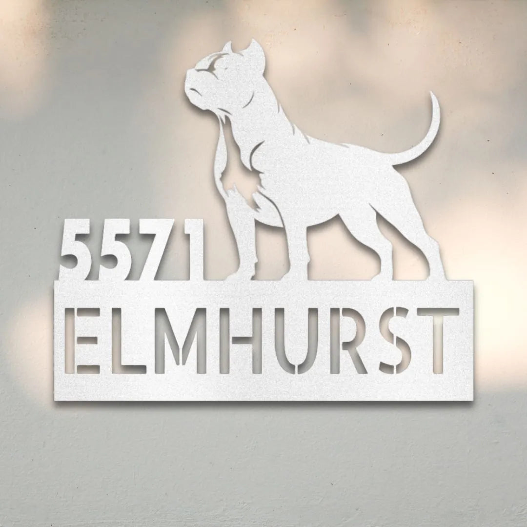 Pit Bull Terrier Personalized Metal House Number Sign Silhouette in White - Custom Dog Wall Art