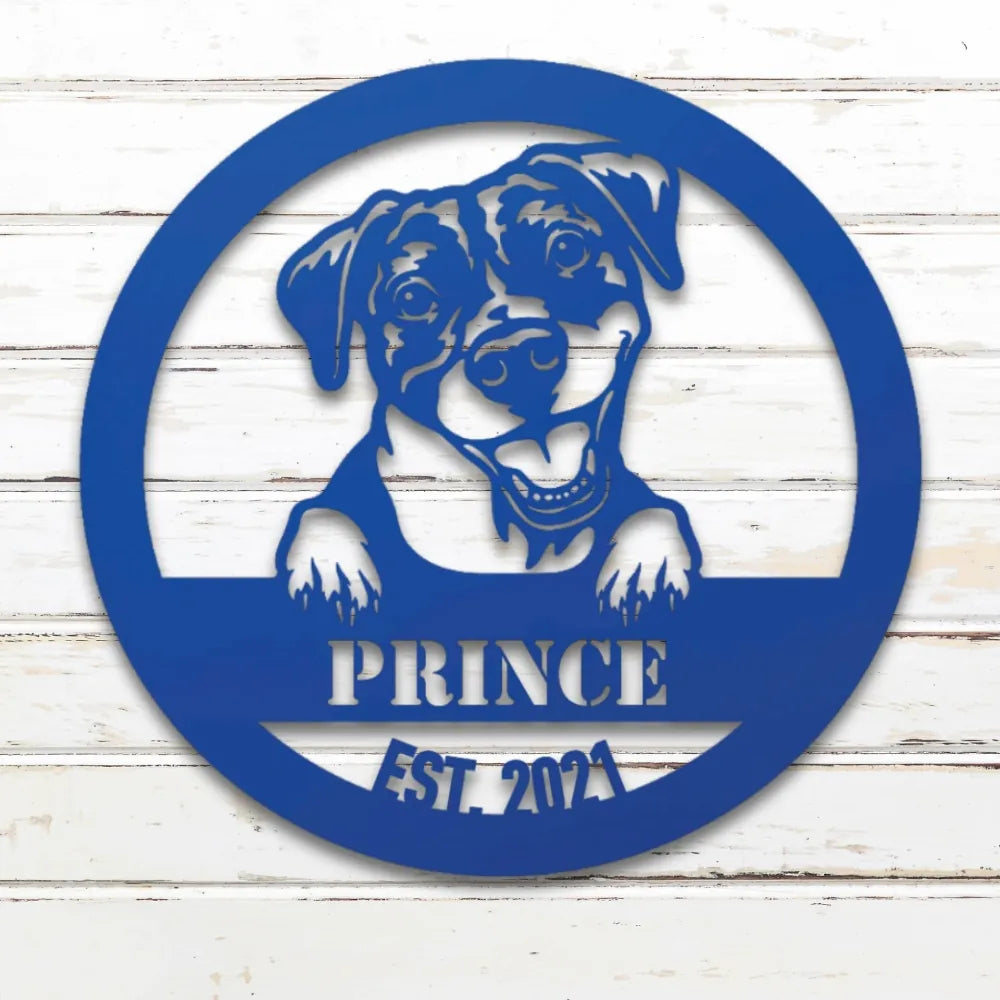Pit Bull Terrier Personalized Metal Sign - Custom Dog Wall Art Silhouette in Blue - Custom Dog Wall Art