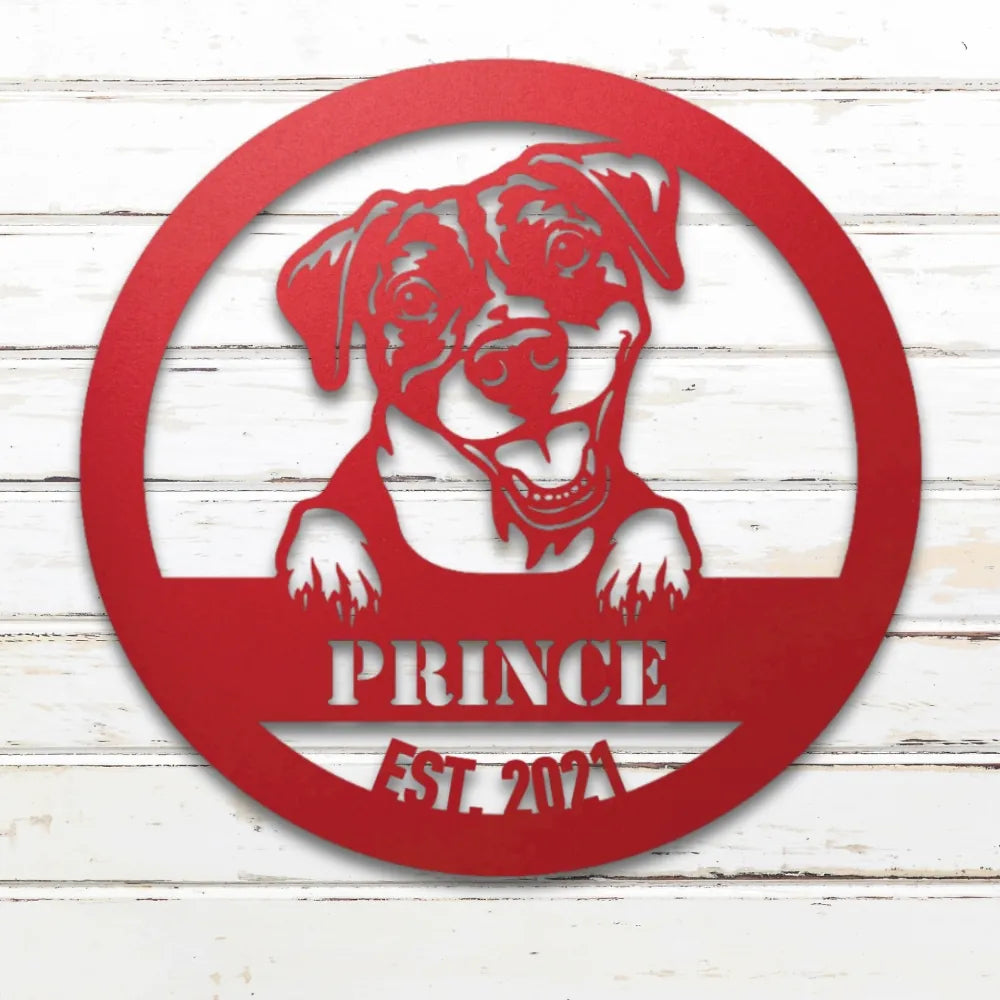 Pit Bull Terrier Personalized Metal Sign - Custom Dog Wall Art Silhouette in Red - Custom Dog Wall Art