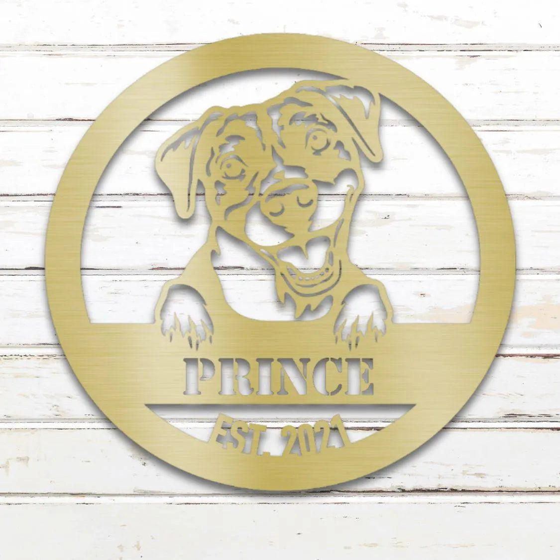 Pit Bull Terrier Personalized Metal Sign - Custom Dog Wall Art Silhouette in Gold - Custom Dog Wall Art