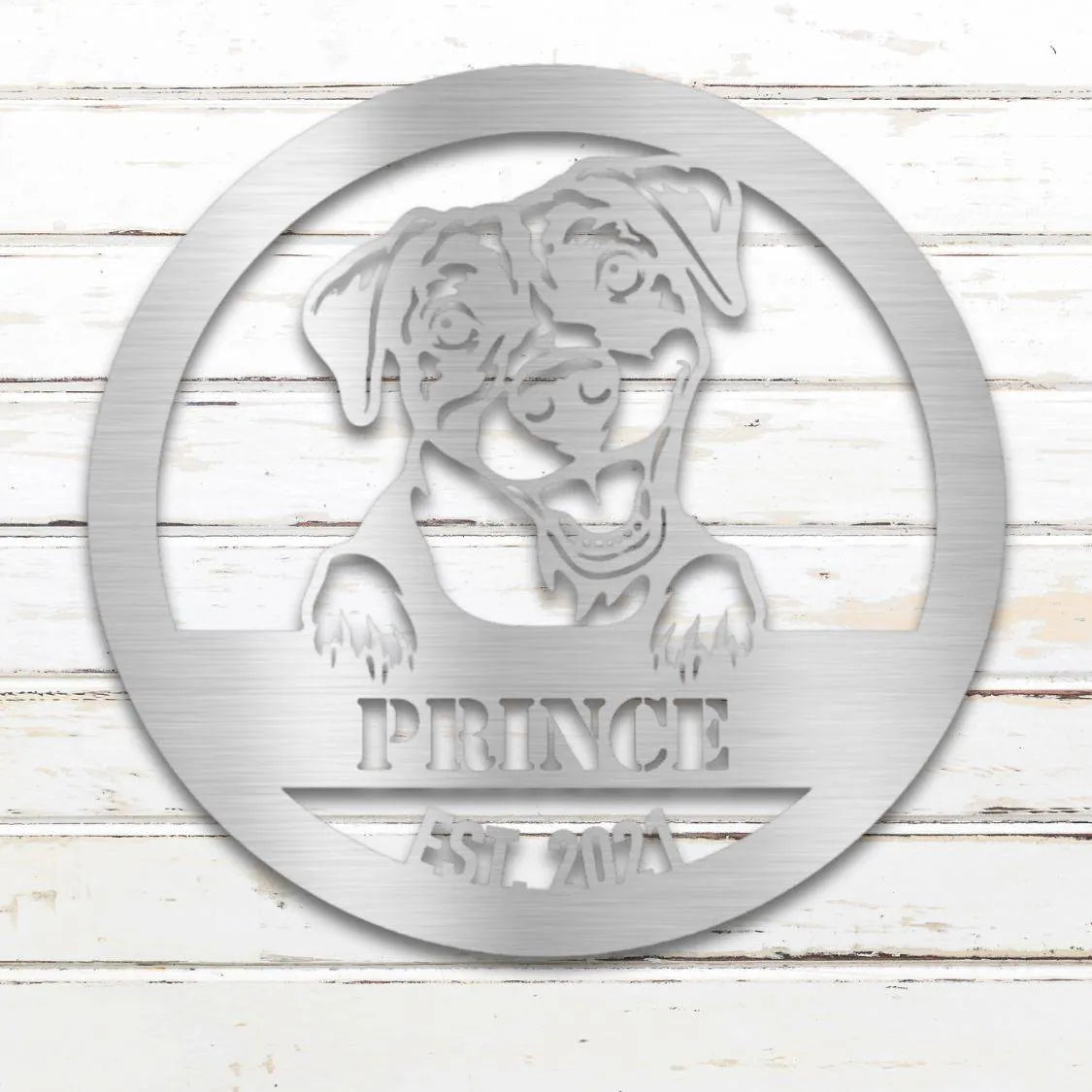 Pit Bull Terrier Personalized Metal Sign - Custom Dog Wall Art Silhouette in Silver - Custom Dog Wall Art