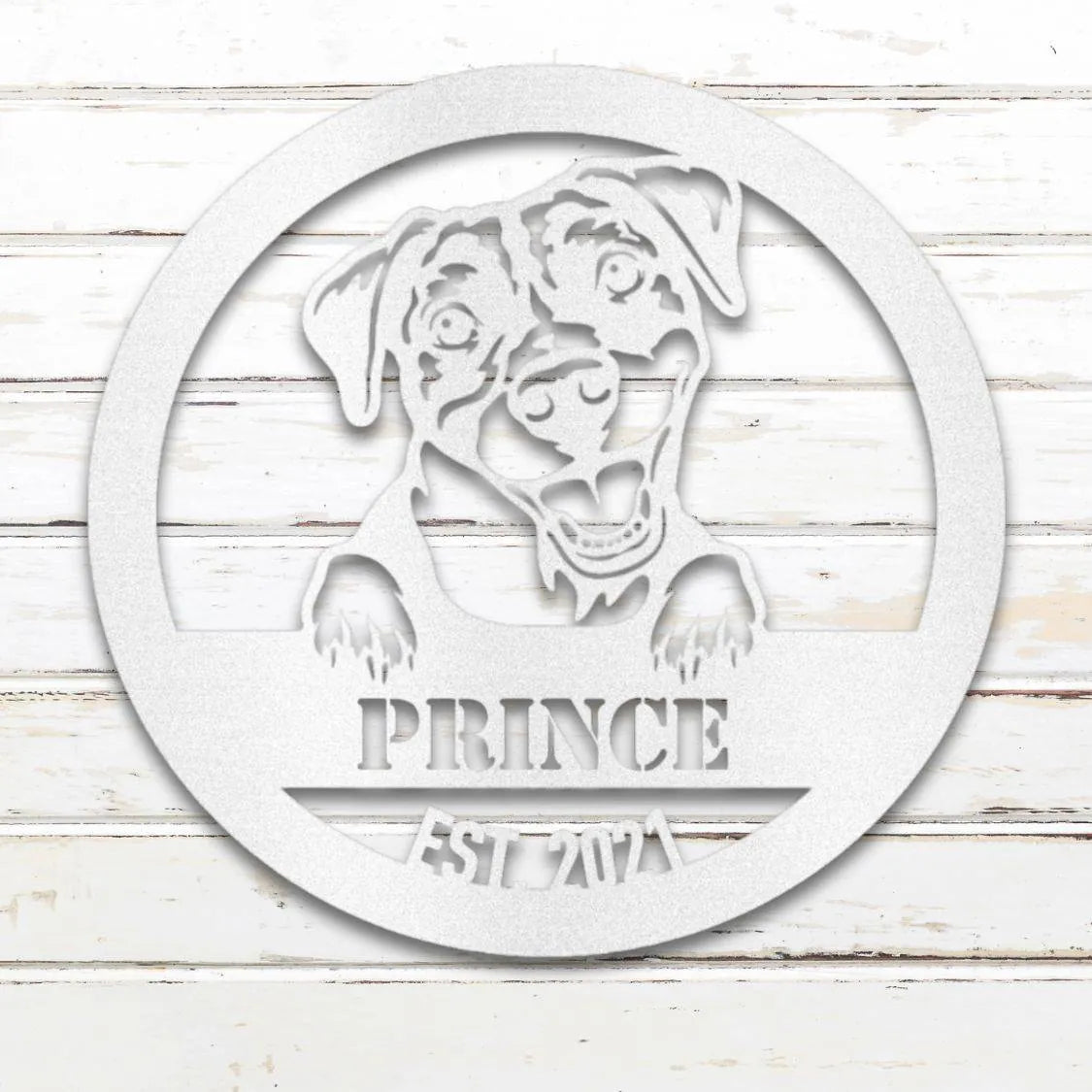 Pit Bull Terrier Personalized Metal Sign - Custom Dog Wall Art Silhouette in White - Custom Dog Wall Art