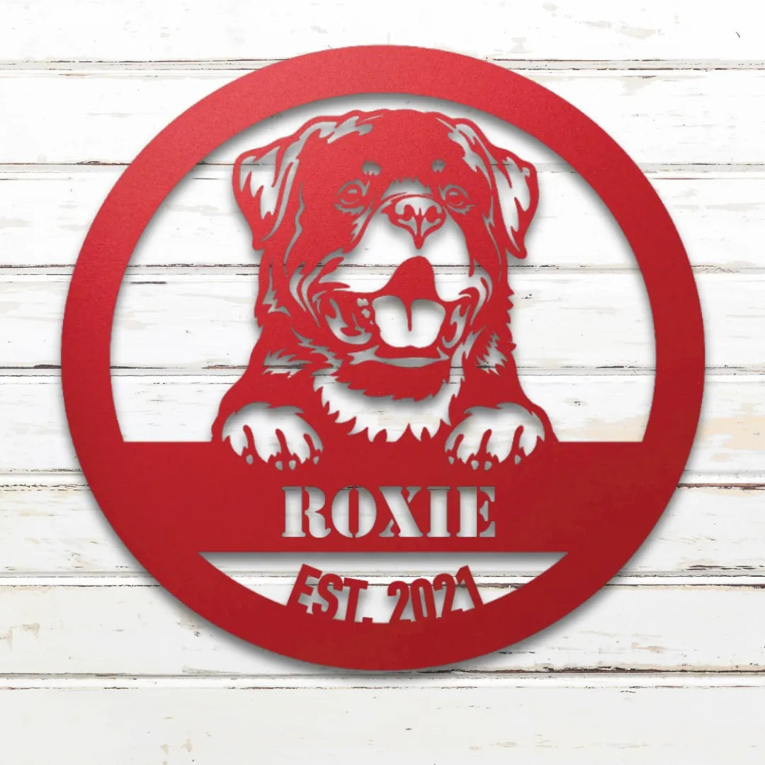 Rottweiler Personalized Metal Sign - Custom Dog Wall Art Silhouette in Red - Custom Dog Wall Art